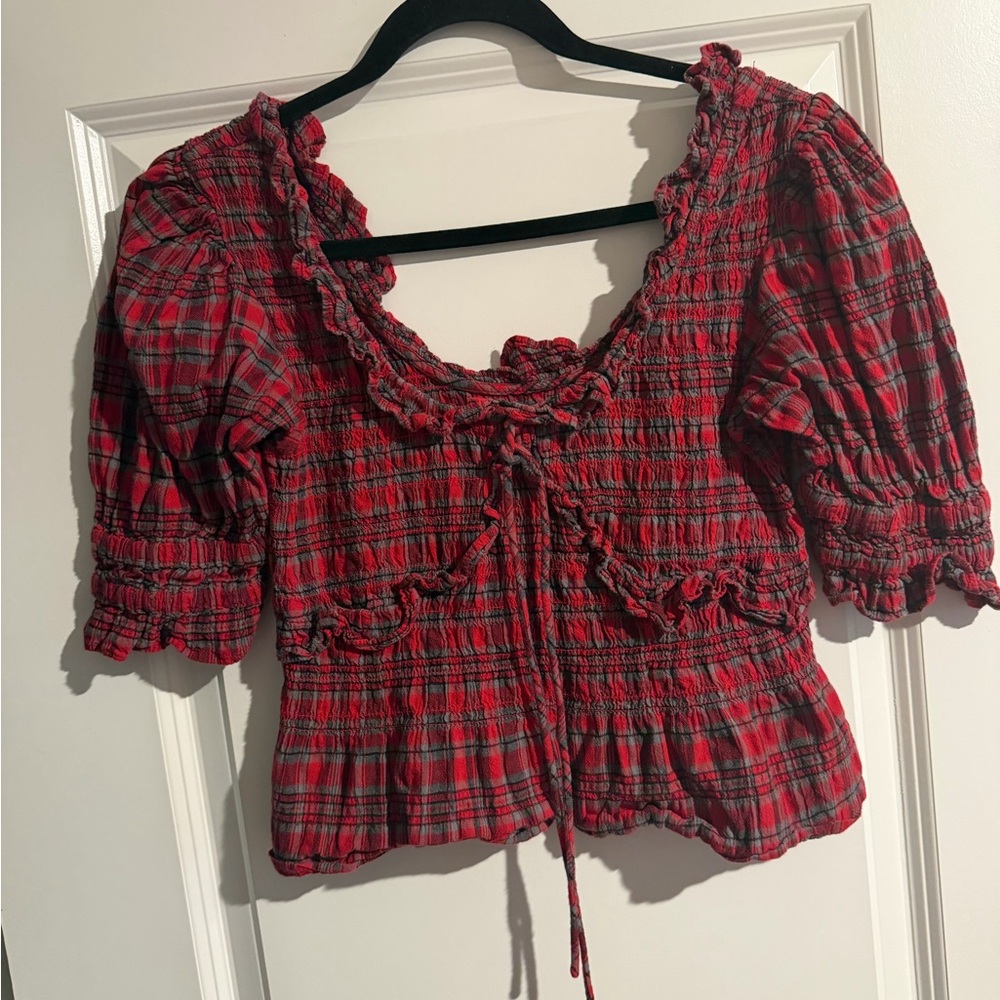 Red Plaid Smocked Peasant Blouse with Puff Sleeves 🔥 size 12